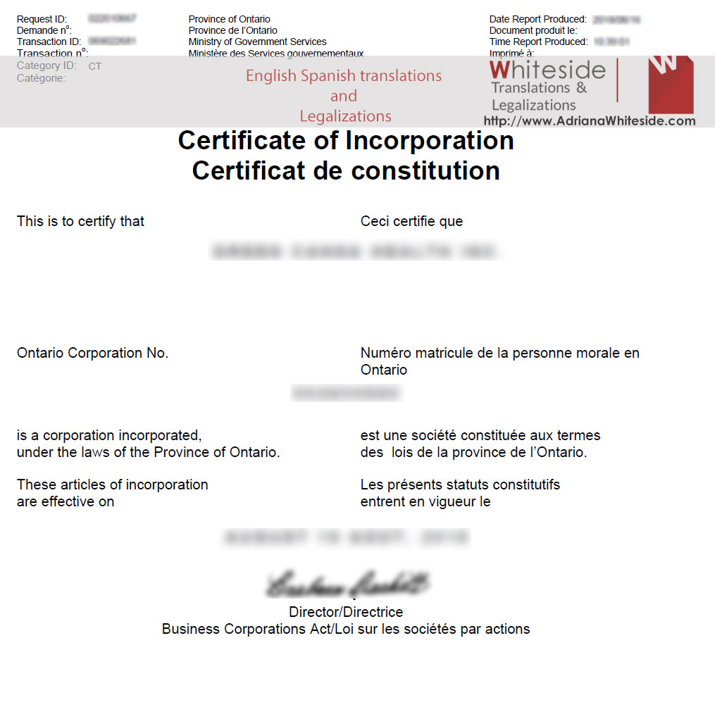 Articles of Incorporation - Legalization and translations